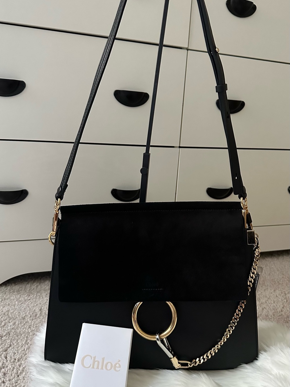 Chloe Faye Large Black Leather & Suede Shoulder Bag